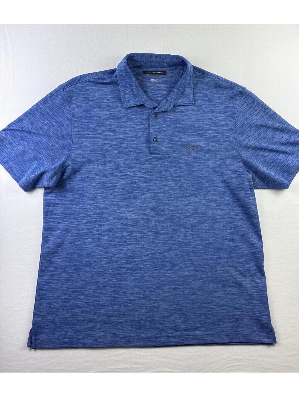 Greg Norman Blue Heathered Polo Shirt with Multicolor Shark Embroidery